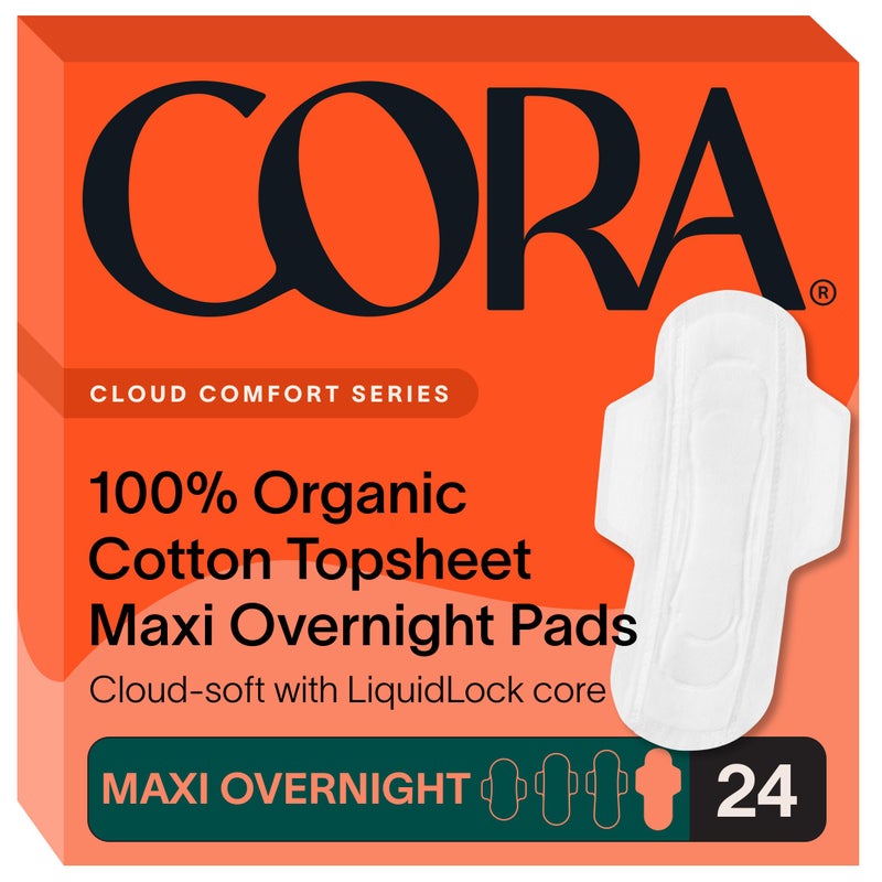Cora 100 Organic Cotton Topsheet Maxi Pads Maxi Period Pads with Wings Maxi Overnight Absorbency Unscented Comfortable Powerfully Absorbent Leak Protection 24 Count